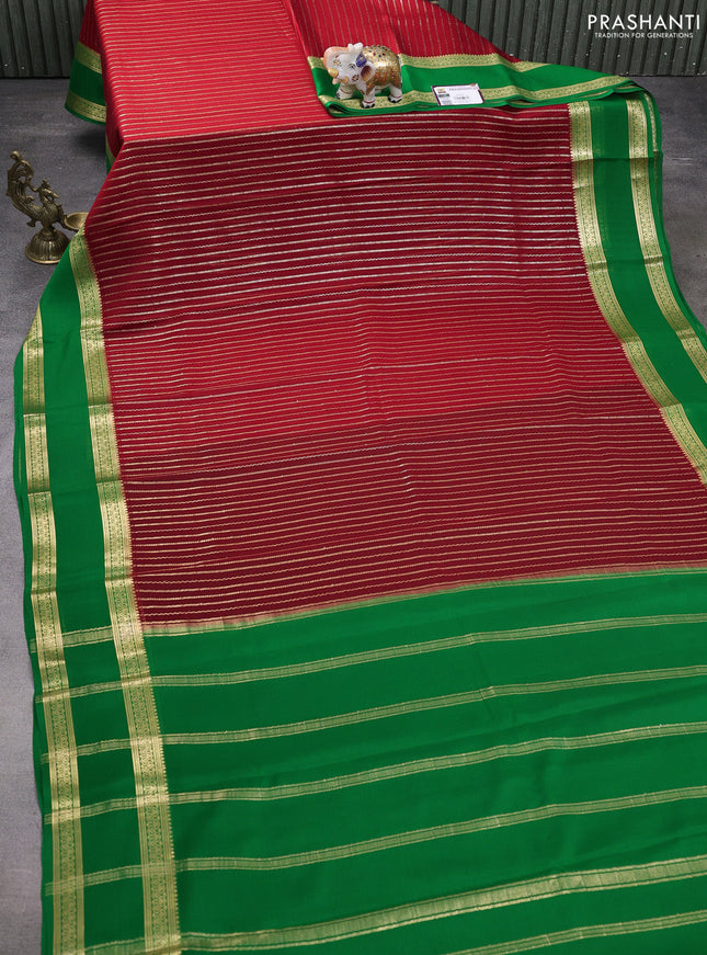 Pure mysore silk saree red and green with allover zari stripes pattern and rettapet zari woven border
