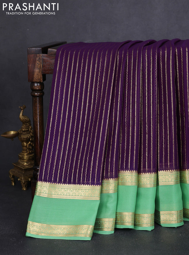 Pure mysore silk saree purple and pista green with allover zari stripes pattern and rettapet zari woven border