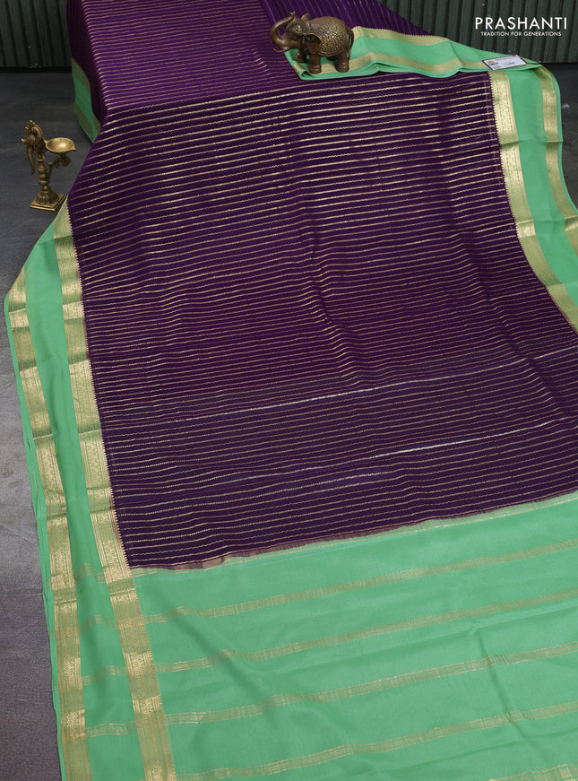 Pure mysore silk saree purple and pista green with allover zari stripes pattern and rettapet zari woven border