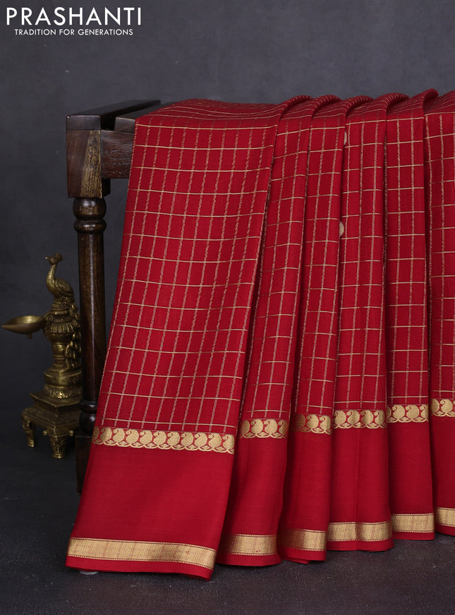 Pure mysore silk saree red with allover zari checks & buttas and rettapet paisley zari woven border