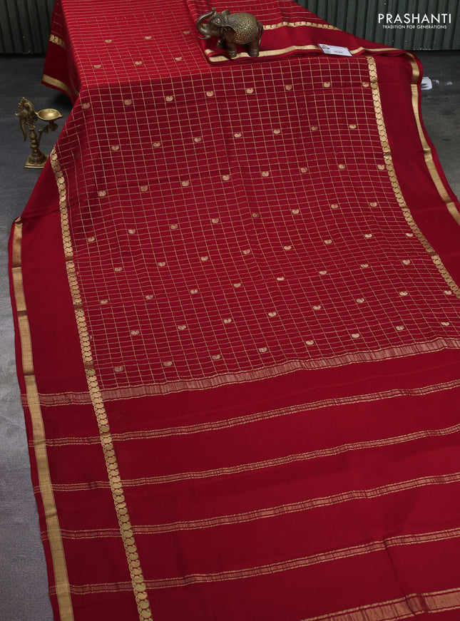 Pure mysore silk saree red with allover zari checks & buttas and rettapet paisley zari woven border