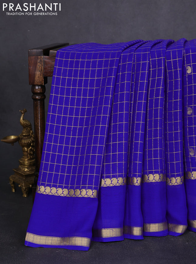 Pure mysore silk saree royal blue with allover zari checks & buttas and rettapet paisley zari woven border