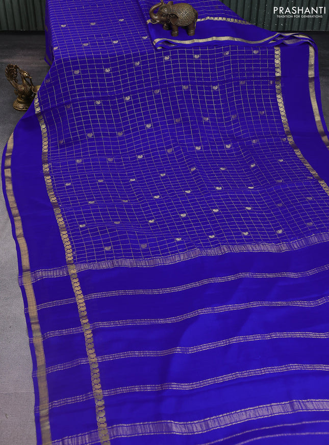 Pure mysore silk saree royal blue with allover zari checks & buttas and rettapet paisley zari woven border