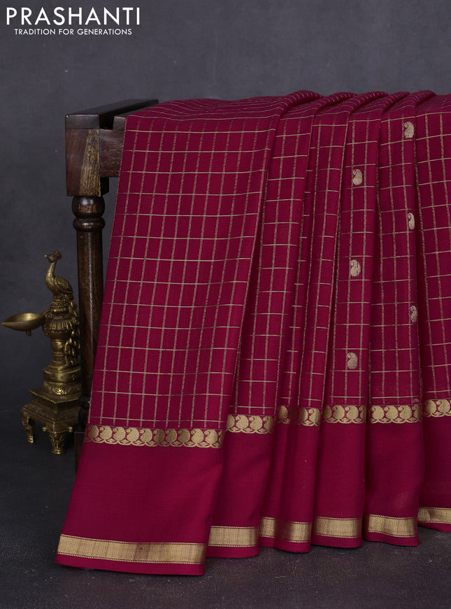 Pure mysore silk saree magenta pink with allover zari checks & buttas and rettapet paisley zari woven border