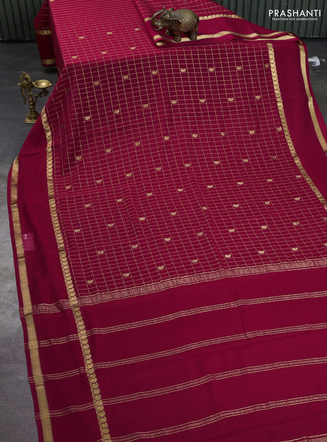 Pure mysore silk saree magenta pink with allover zari checks & buttas and rettapet paisley zari woven border