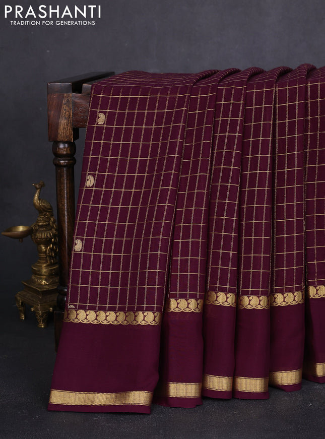 Pure mysore silk saree deep jamun with allover zari checks & buttas and rettapet paisley zari woven border