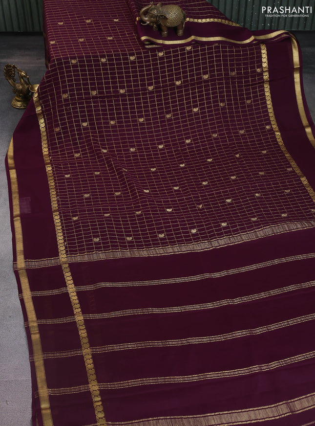 Pure mysore silk saree deep jamun with allover zari checks & buttas and rettapet paisley zari woven border