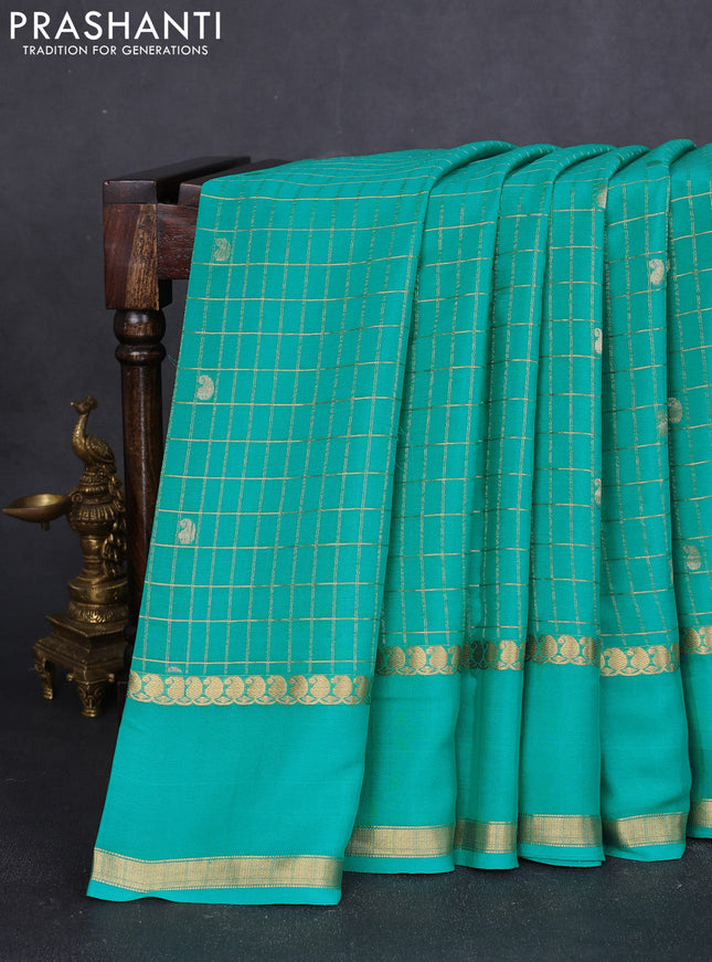 Pure mysore silk saree teal green with allover zari checks & buttas and rettapet paisley zari woven border