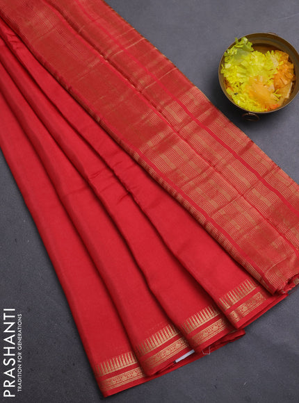 Semi mysore silk saree red shade with plain body and temple zari woven border
