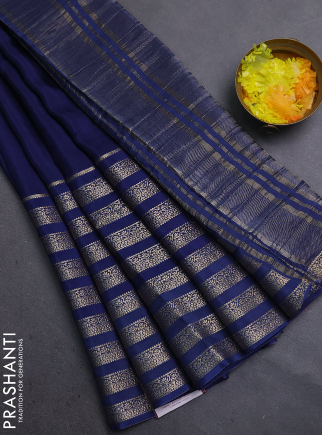 Semi mysore silk saree navy blue and pink with plain body and long zari woven border