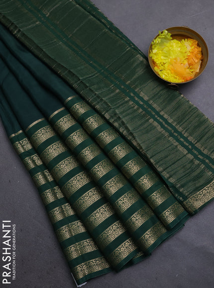 Semi mysore silk saree bottle green and yellow with plain body and long zari woven border