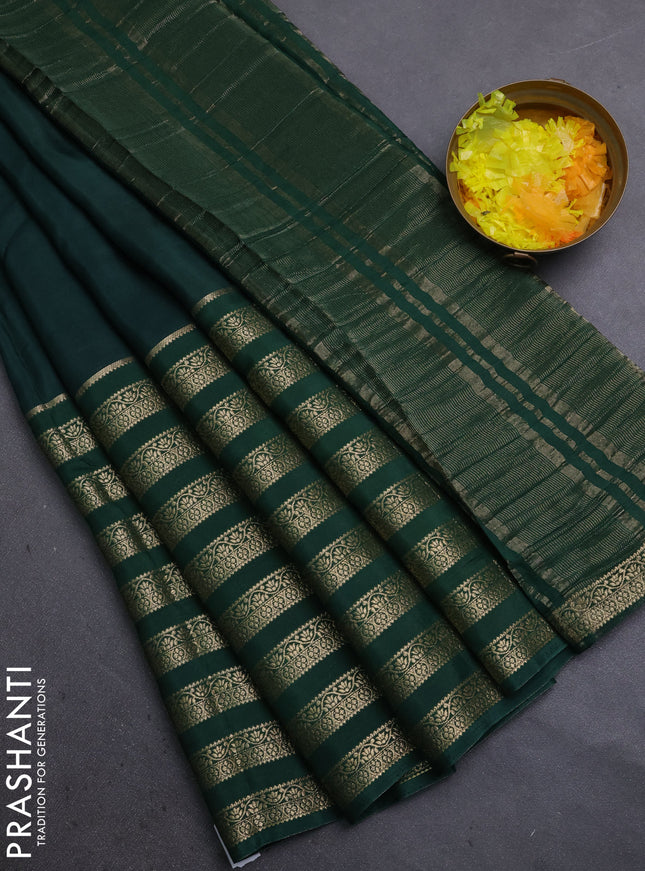 Semi mysore silk saree bottle green and yellow with plain body and long zari woven border