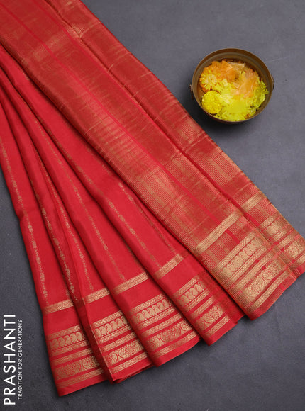 Semi mysore silk saree red with allover zari stripes pattern & buttas and rettapet zari woven border