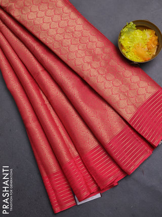 Semi mysore silk saree peach pink and wine shade with allover zari woven brocade weaves and zari woven border