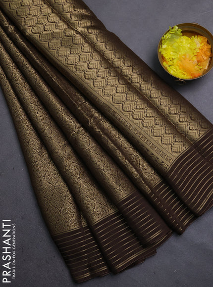 Semi mysore silk saree brown and yellow with allover zari woven brocade weaves and zari woven border