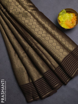 Semi mysore silk saree brown and yellow with allover zari woven brocade weaves and zari woven border