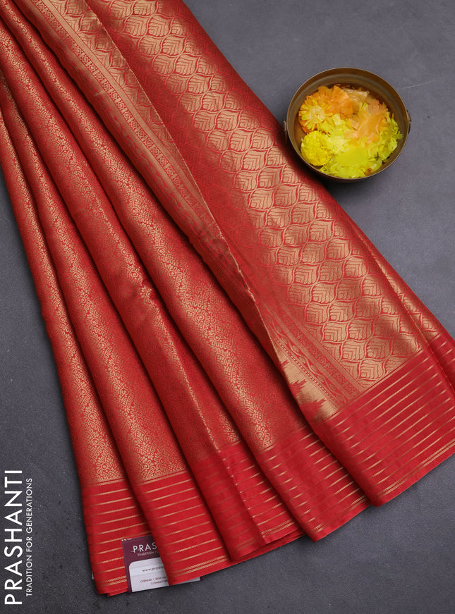 Semi mysore silk saree orange and violet with allover zari woven brocade weaves and zari woven border