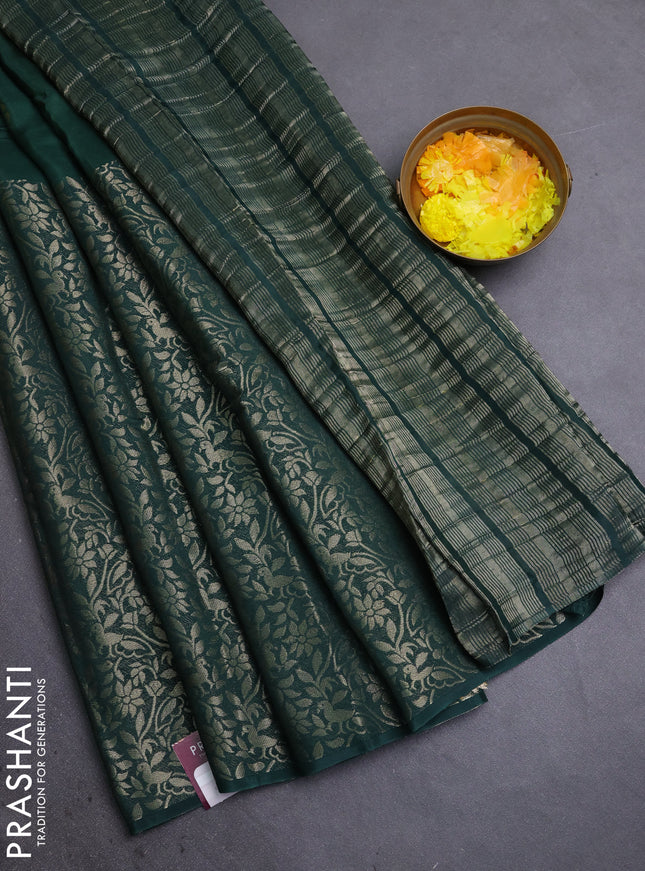 Semi mysore silk saree bottle green and yellow with half & half style and long zari woven border