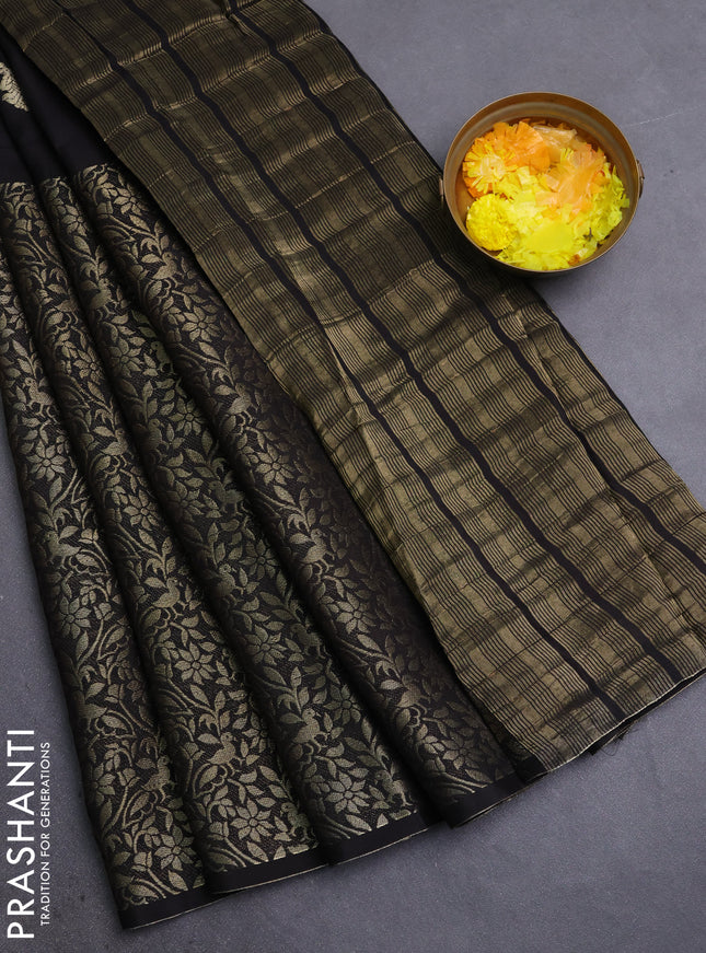 Semi mysore silk saree black and orange with half & half style and long zari woven border