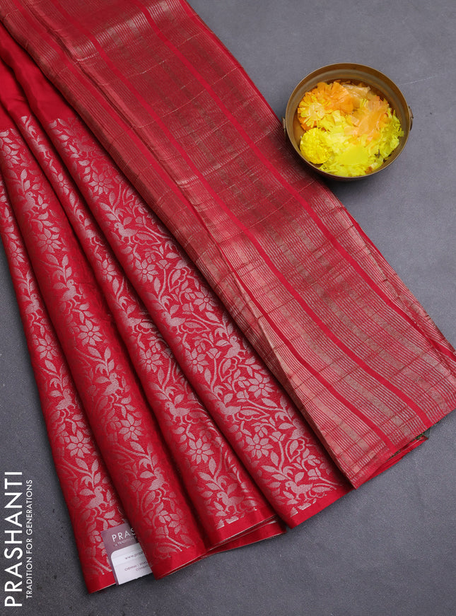 Semi mysore silk saree maroon and green with half & half style and long zari woven border
