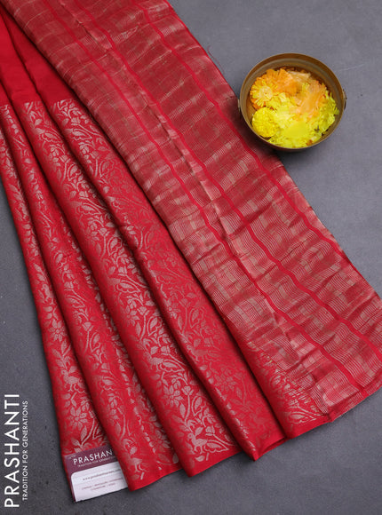 Semi mysore silk saree red and green with half & half style and long zari woven border