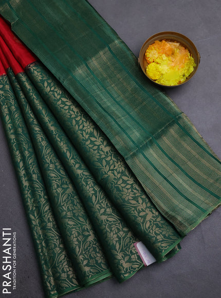 Semi mysore silk saree red and green with half & half style and long zari woven border