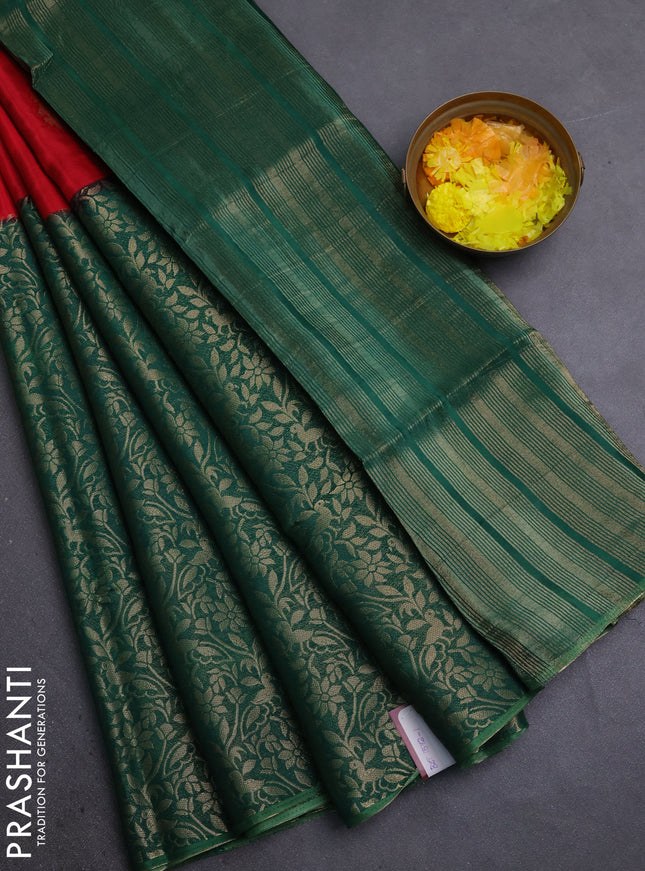 Semi mysore silk saree red and green with half & half style and long zari woven border