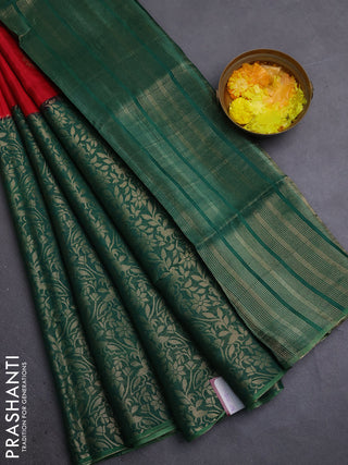 Semi mysore silk saree red and green with half & half style and long zari woven border