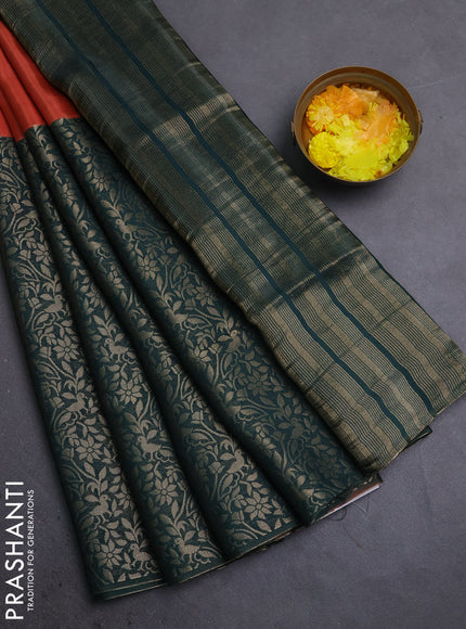 Semi mysore silk saree rustic orange and bottle green with half & half style and long zari woven border