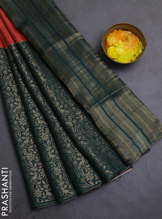 Semi mysore silk saree rustic orange and bottle green with half & half style and long zari woven border