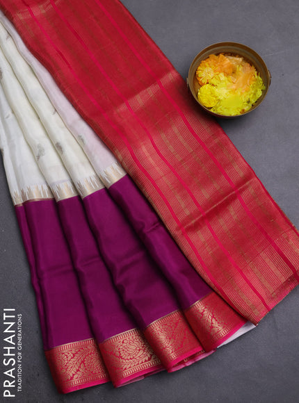 Semi mysore silk saree off white purple and pink with zari woven buttas and rettapet zari woven border