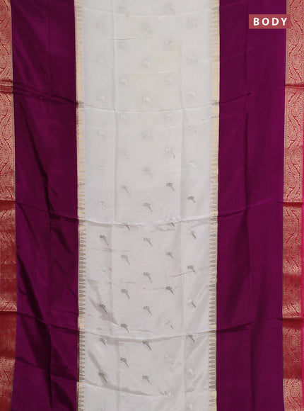Semi mysore silk saree off white purple and pink with zari woven buttas and rettapet zari woven border