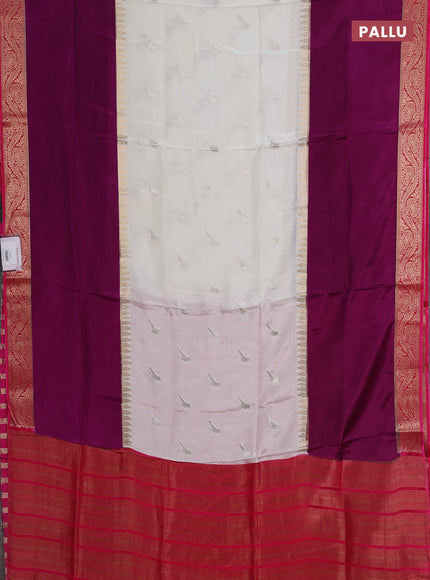 Semi mysore silk saree off white purple and pink with zari woven buttas and rettapet zari woven border