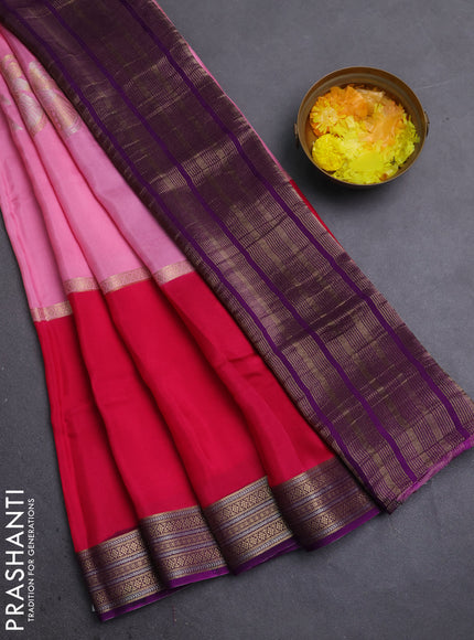 Semi mysore silk saree pink and purple with zari woven buttas and rettapet zari woven border
