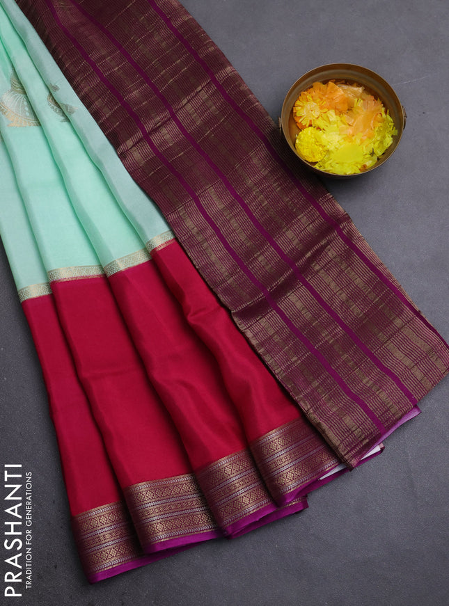 Semi mysore silk saree teal green pink and purple with zari woven buttas and rettapet zari woven border