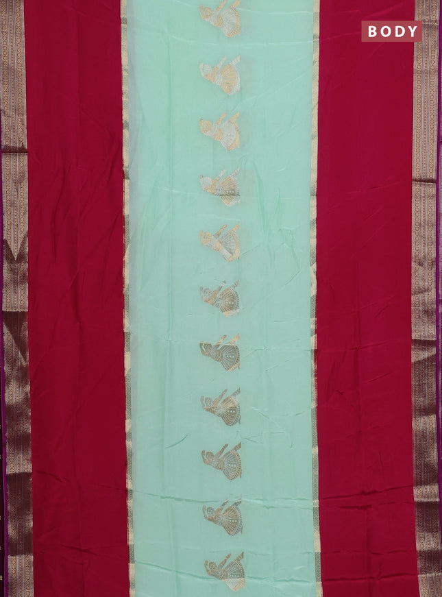 Semi mysore silk saree teal green pink and purple with zari woven buttas and rettapet zari woven border