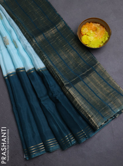 Semi mysore silk saree teal blue violet and peacock green with zari woven buttas and rettapet zari woven border