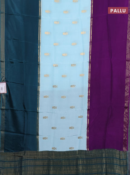 Semi mysore silk saree teal blue violet and peacock green with zari woven buttas and rettapet zari woven border