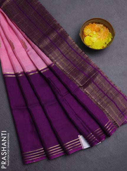 Semi mysore silk saree pink and violet with zari woven buttas and rettapet zari woven border