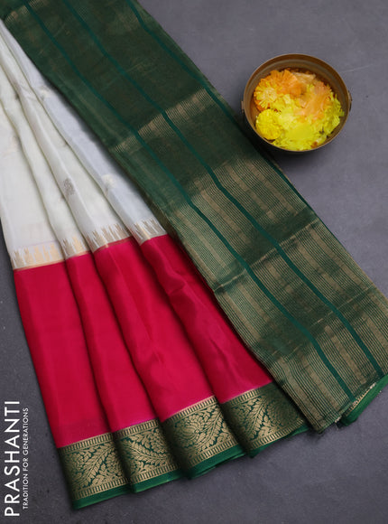 Semi mysore silk saree cram pink and green with zari woven buttas and rettapet temple zari woven border
