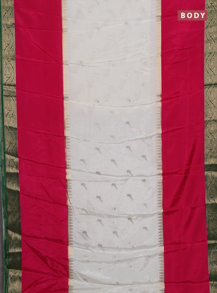 Semi mysore silk saree cram pink and green with zari woven buttas and rettapet temple zari woven border