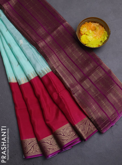 Semi mysore silk saree teal green magenta pink and purple with zari woven buttas and rettapet temple zari woven border