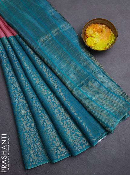 Semi mysore silk saree peach pink and teal green with half & half style and long zari woven border