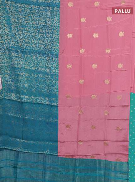 Semi mysore silk saree peach pink and teal green with half & half style and long zari woven border