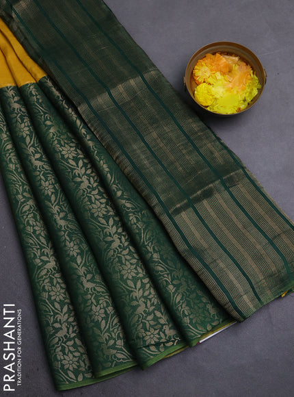 Semi mysore silk saree yellow and green with half & half style and long zari woven border