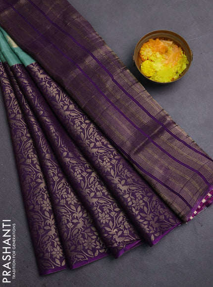 Semi mysore silk saree pastel green and purple with half & half style and long zari woven border