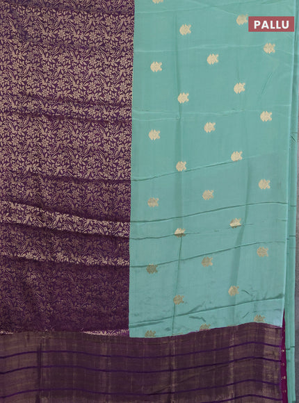 Semi mysore silk saree pastel green and purple with half & half style and long zari woven border