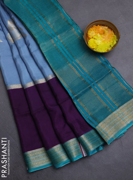 Semi mysore silk saree bluish grey purple and teal shade with zari woven buttas and long zari woven border