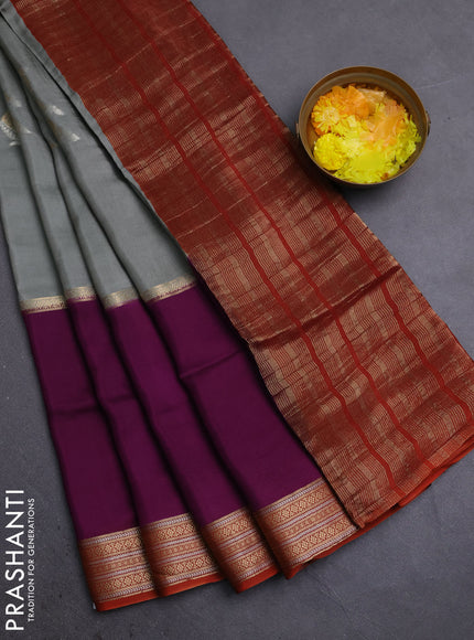 Semi mysore silk saree grey purple and rustic orange with zari woven buttas and long zari woven border