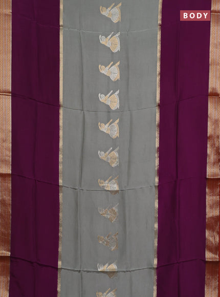Semi mysore silk saree grey purple and rustic orange with zari woven buttas and long zari woven border